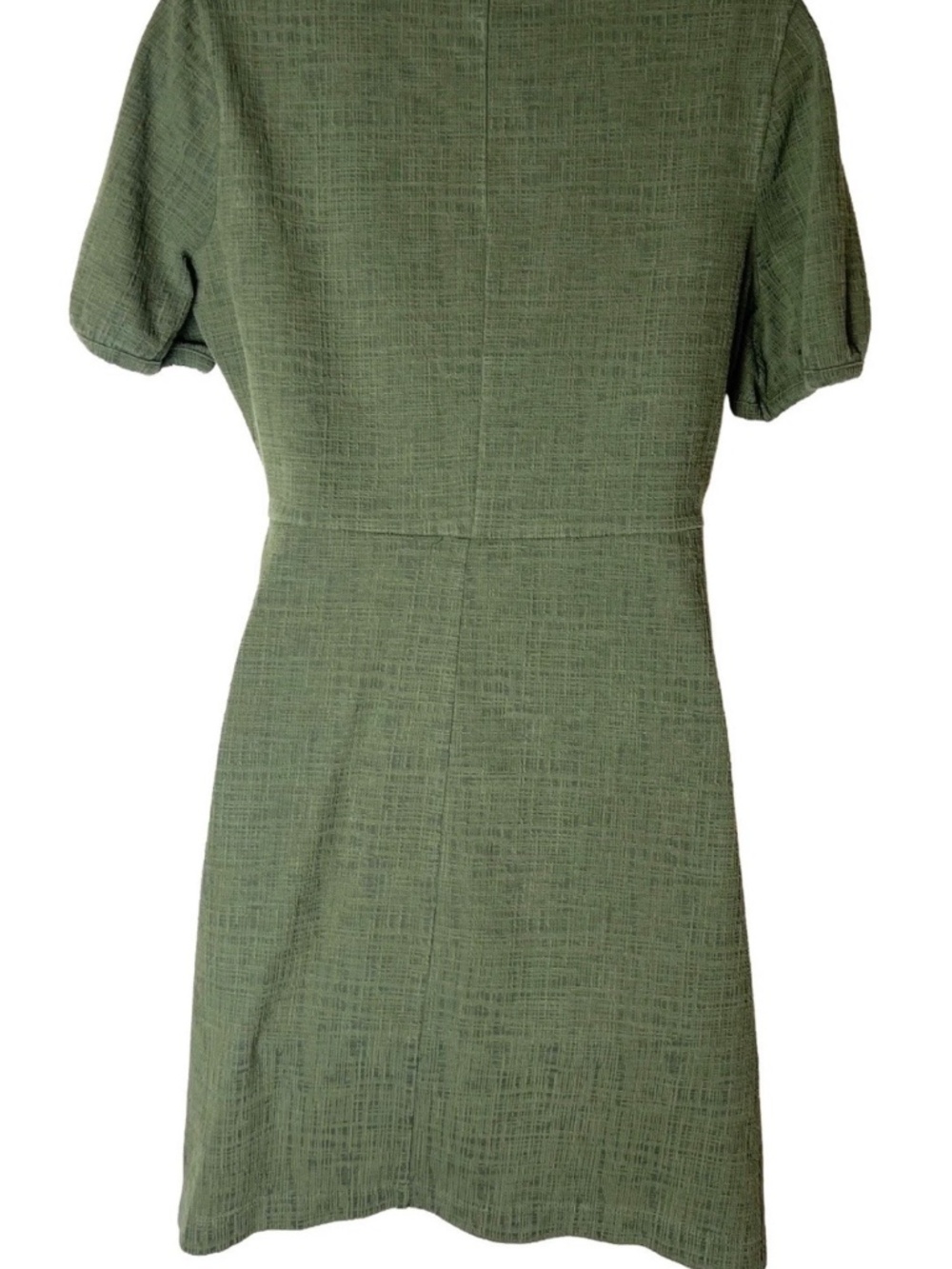 Maxwell Crosshatch Puff-Sleeve Faux-Wrap Mini Dress in Olive Palm Tree Medium - Picture 4 of 5